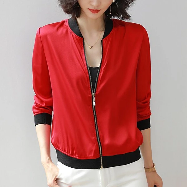 Red Stand Collar Jacket with Quarter Sleeves - Stylish Women's Windbreaker (Slim