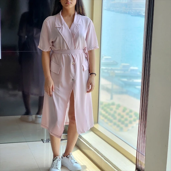 Stylish Women's Pink Long Cardigan with Waist Strap Jacket