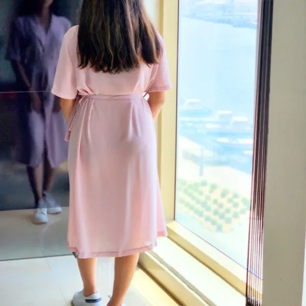 Stylish Women's Pink Long Cardigan with Waist Strap Jacket