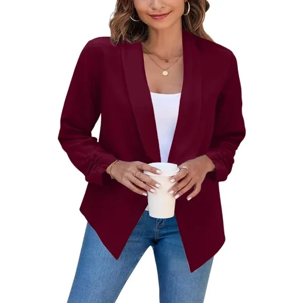 Plain Wine Red Long Sleeve Lapel Neck Formal Office Wear Open Style Outerwear Wo
