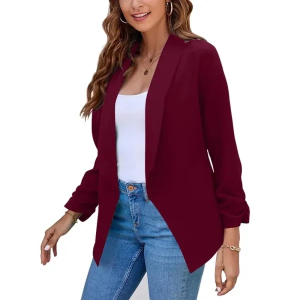 Plain Wine Red Long Sleeve Lapel Neck Formal Office Wear Open Style Outerwear Wo