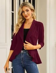 Plain Wine Red Long Sleeve Lapel Neck Formal Office Wear Open Style Outerwear Wo