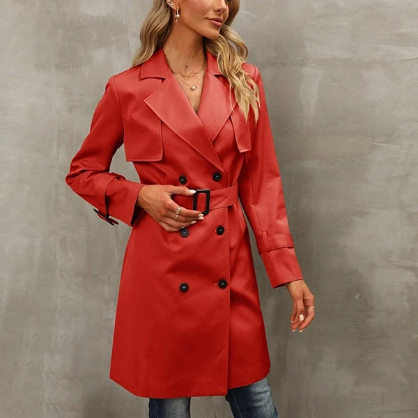 Lapel Neck Full Sleeves Office Formal Wear Button Closure Trench Coat Women Belt