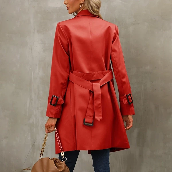 Lapel Neck Full Sleeves Office Formal Wear Button Closure Trench Coat Women Belt