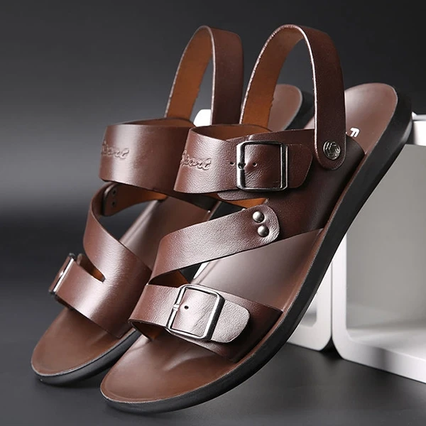 Brown Synthetic Leather Slip On Men's Sandals with Buckle
