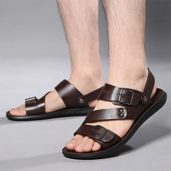 Brown Synthetic Leather Slip On Men's Sandals with Buckle