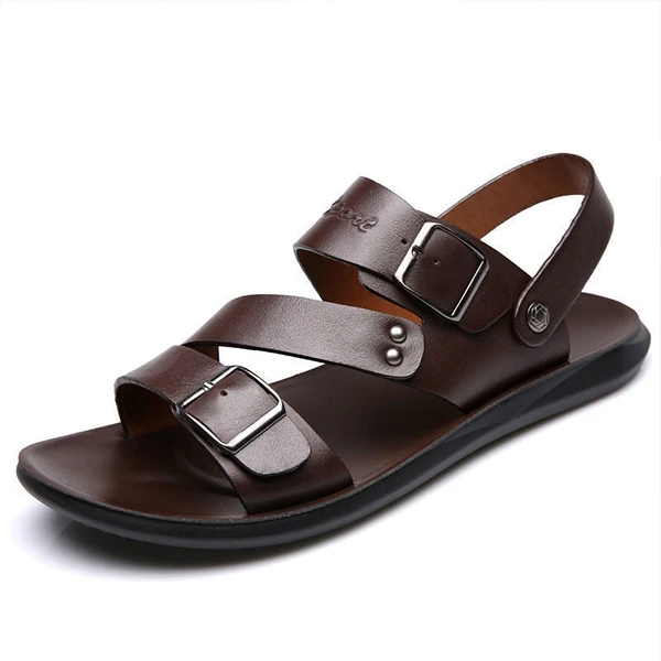 Brown Synthetic Leather Slip On Men's Sandals with Buckle