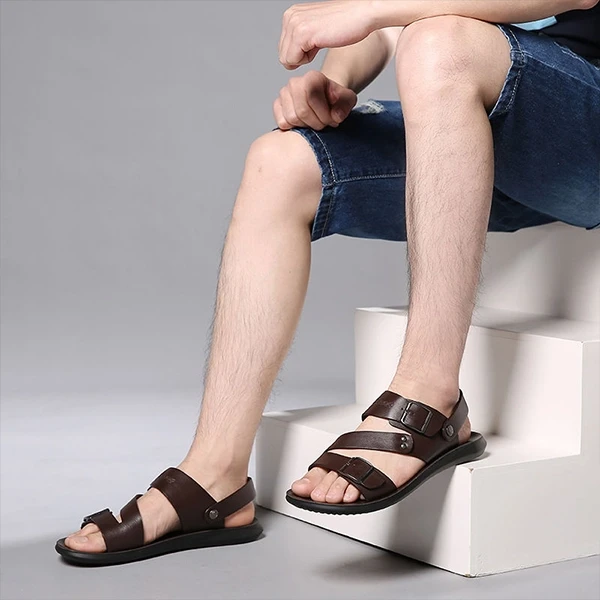 Brown Synthetic Leather Slip On Men's Sandals with Buckle
