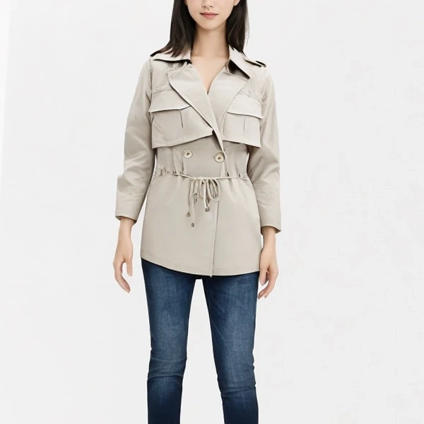 Stand Collar Ladies Winter Trench Coat w/ Multi Buckle Design