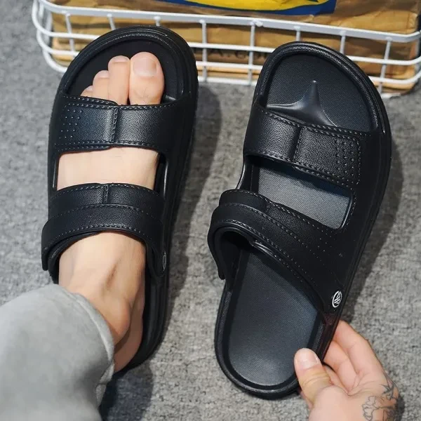 Comfy Open Toe Men's Black Sandals with Strap - Non Slip Indoor Outdoor Footwear