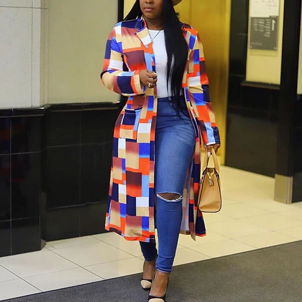 Plaid Hooded Trench Coat with Buckle Closure - Orange