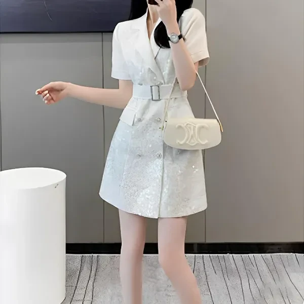 Floral Design Short Sleeves Summer Fashionable Blazer Style Mini Belted Dress Fo
