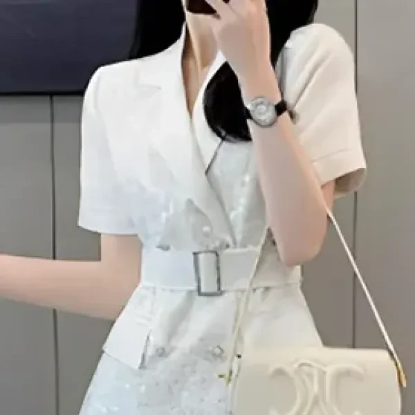 Floral Design Short Sleeves Summer Fashionable Blazer Style Mini Belted Dress Fo