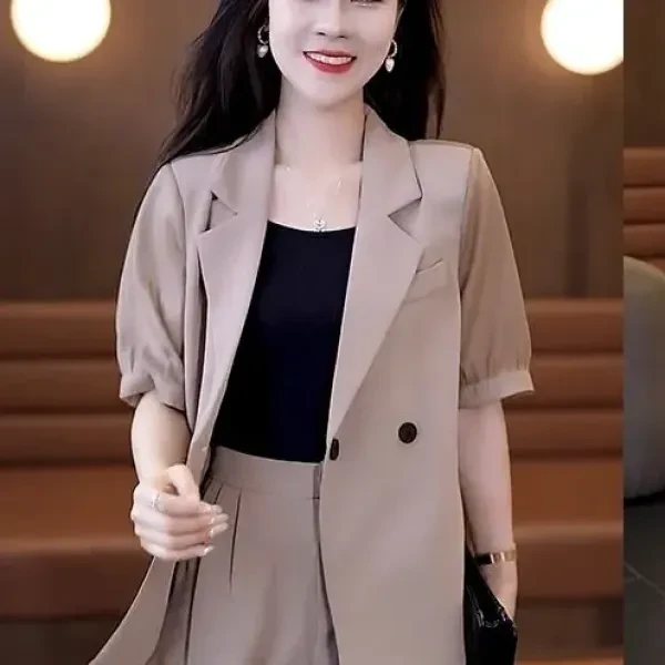 2PCs Lapel V Neck Full Sleeves Blazer Coat Button Closure Shorts Women Office Fo