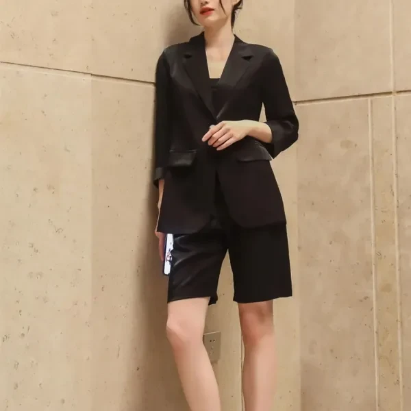 Lapel Neck Half Sleeves Blazer Top Summer Fashionable Ladies Shorts Two Pieces B