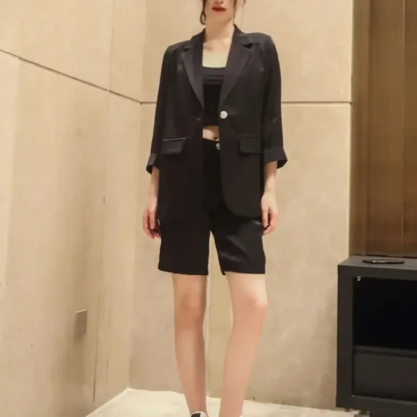 Lapel Neck Half Sleeves Blazer Top Summer Fashionable Ladies Shorts Two Pieces B