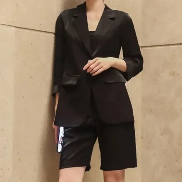 Lapel Neck Half Sleeves Blazer Top Summer Fashionable Ladies Shorts Two Pieces B