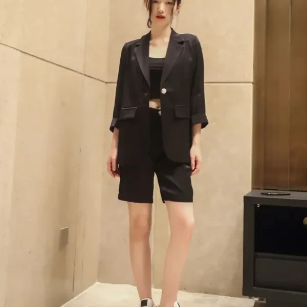 Lapel Neck Half Sleeves Blazer Top Summer Fashionable Ladies Shorts Two Pieces B