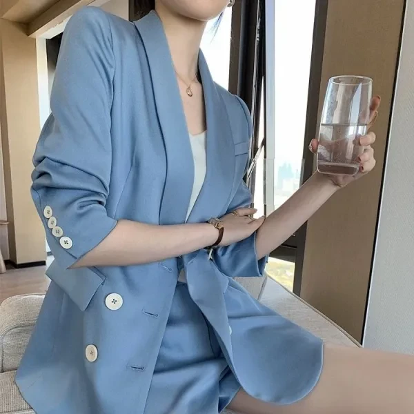 Lapel Neck Long Sleeves Top Blazer Coat Ladies Summer Fashion Shorts 3 Pieces Fo