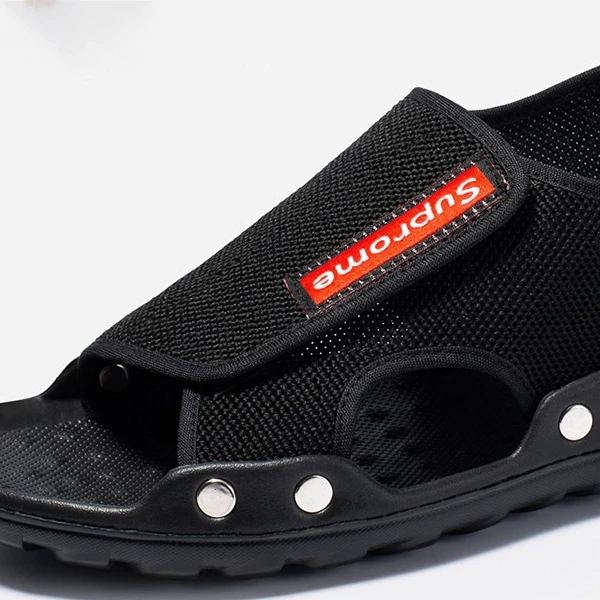 Breathable Mesh Fabric Flat Bottom Men Sandals Letters Patch Velcro Closure Non