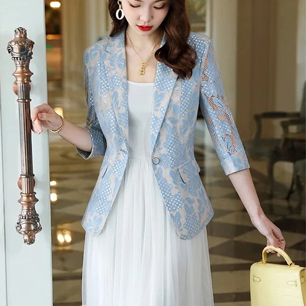 Lace Floral Print Lapel Neck Full Sleeve Outfit Matching Blazer Women Formal Wea