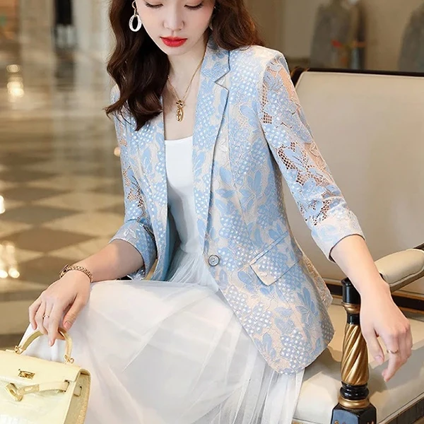 Lace Floral Print Lapel Neck Full Sleeve Outfit Matching Blazer Women Formal Wea