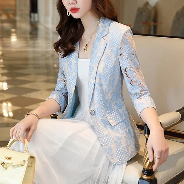 Lace Floral Print Lapel Neck Full Sleeve Outfit Matching Blazer Women Formal Wea