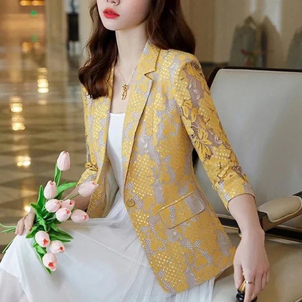 Lace Floral Print Lapel Neck Full Sleeve Outfit Matching Blazer Women Formal Wea