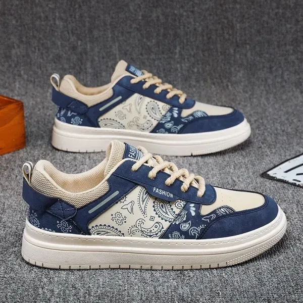 Two Tone Floral Print Men Fashion Sneakers Breathable PU Leather Lace Up Round T