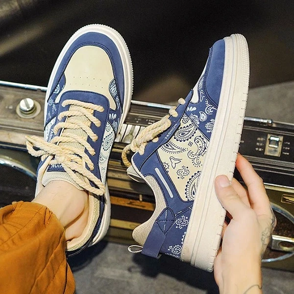 Two Tone Floral Print Men Fashion Sneakers Breathable PU Leather Lace Up Round T