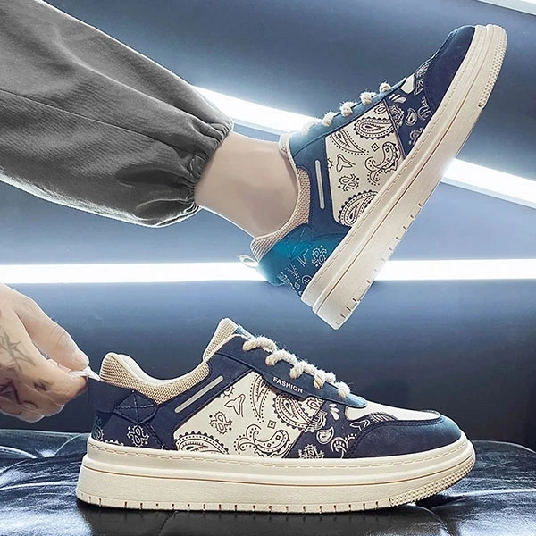 Two Tone Floral Print Men Fashion Sneakers Breathable PU Leather Lace Up Round T