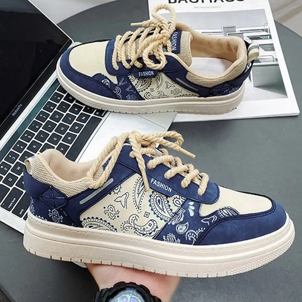 Two Tone Floral Print Men Fashion Sneakers Breathable PU Leather Lace Up Round T