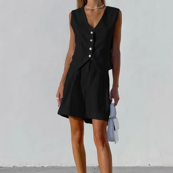 Sleeveless Round Neck Button-Up Front Blazer Vest Slant Pocket Design Cropped Tr