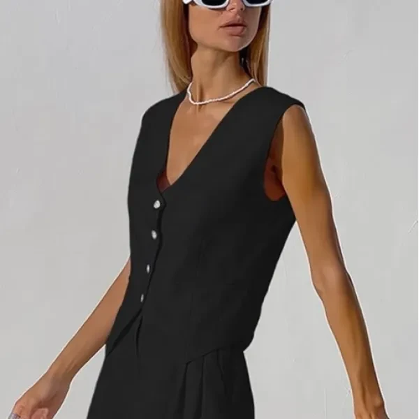 Sleeveless Round Neck Button-Up Front Blazer Vest Slant Pocket Design Cropped Tr