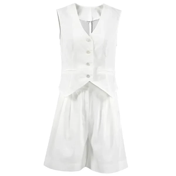 Sleeveless Round Neck Button-Up Front Blazer Vest Slant Pocket Design Cropped Tr