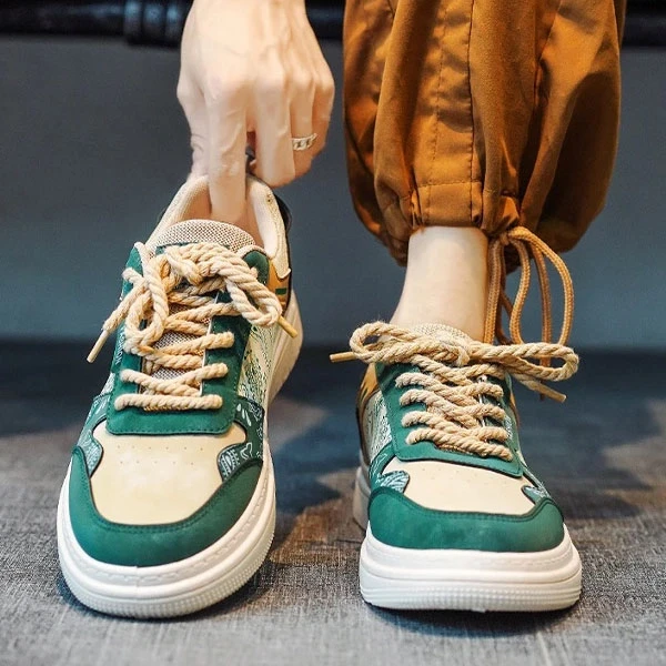 Two Tone Floral Print Men Fashion Sneakers Breathable PU Leather Lace Up Round T