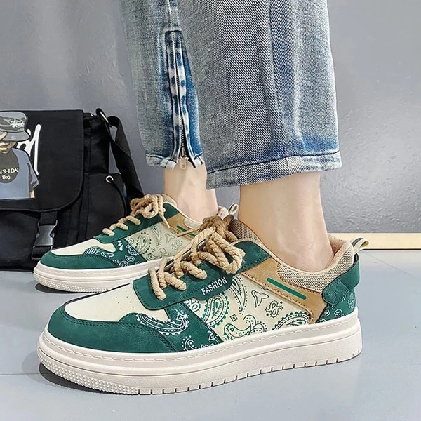 Two Tone Floral Print Men Fashion Sneakers Breathable PU Leather Lace Up Round T