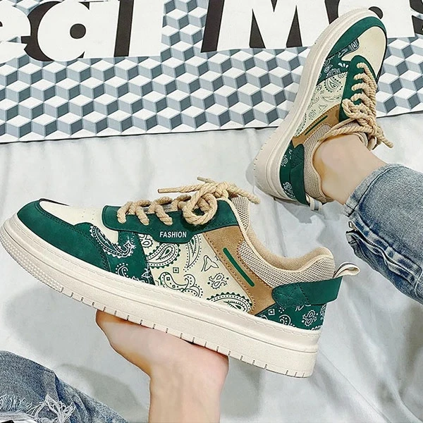 Two Tone Floral Print Men Fashion Sneakers Breathable PU Leather Lace Up Round T