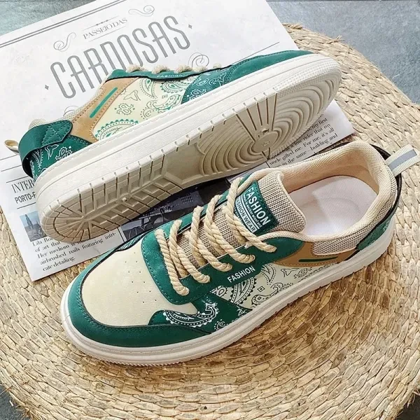 Two Tone Floral Print Men Fashion Sneakers Breathable PU Leather Lace Up Round T