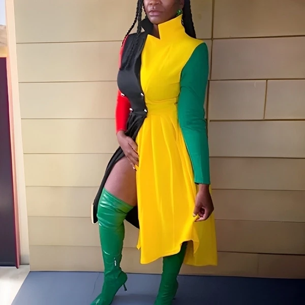 Contrast Color Design Blazer Mini Dresses Women Pleated Fashion Party Dresses