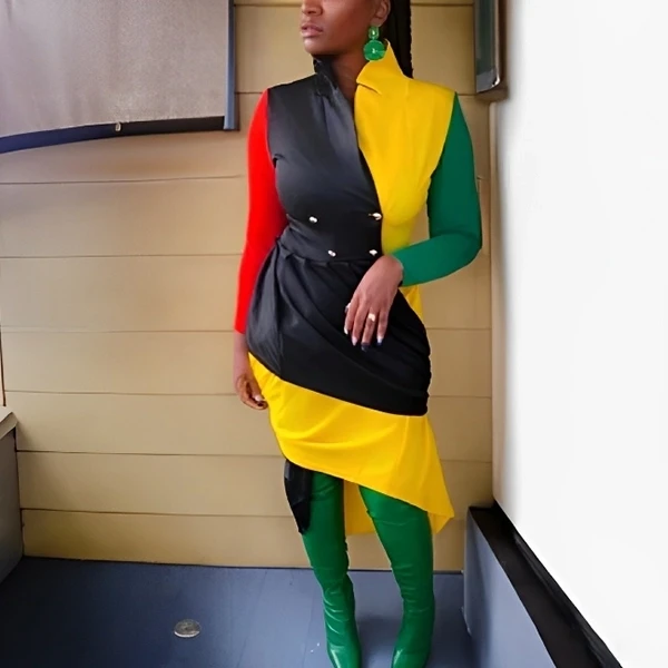 Contrast Color Design Blazer Mini Dresses Women Pleated Fashion Party Dresses