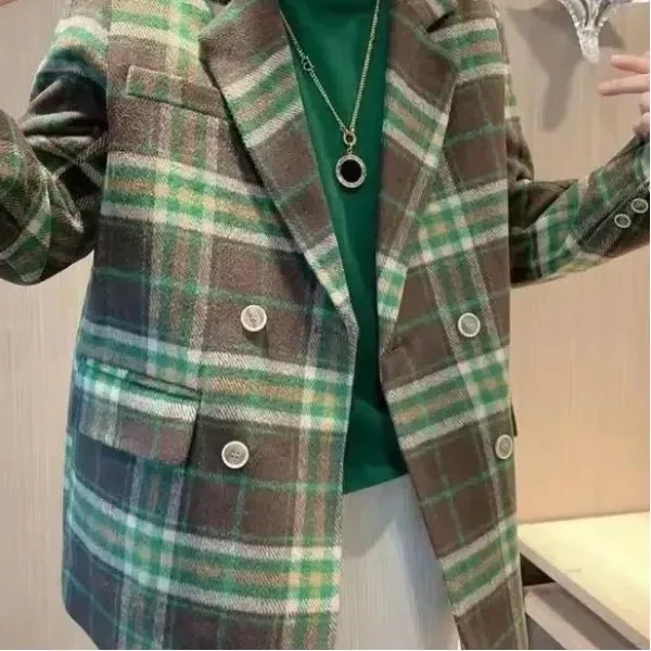 Plaid Lapel Neck Women's Blazer - Stylish Double Breasted Coat for Casual Outfit