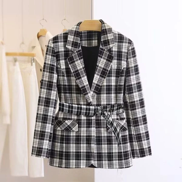 Kids Plaid Blazer Jacket - Trendy Geo Design Double Pocket Belted Coat