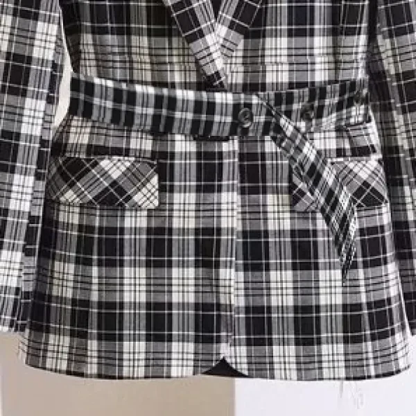 Kids Plaid Blazer Jacket - Trendy Geo Design Double Pocket Belted Coat
