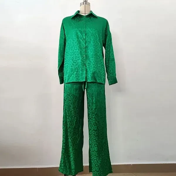 Luxury Design Turn Down Collar Shirt High Waist Wide Leg Casual Two Piece Summer