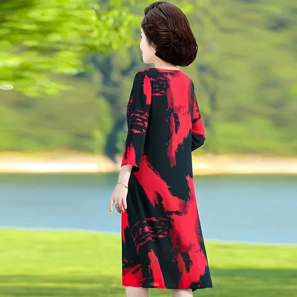 Ink Splash Print Long Sleeves Women Casual Dresses Round Neck Side Split Hem Loo