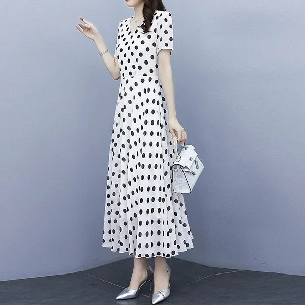 Polka Dots Print V Neck Women Casual Dress Short Sleeves Pleated Waist A-Line Fa