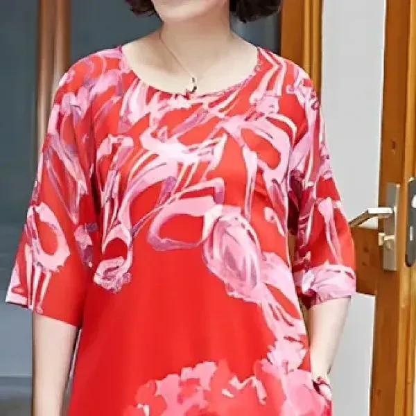Multi Design Print Round Neck Half Sleeves Casual Wear Red Dress For Women