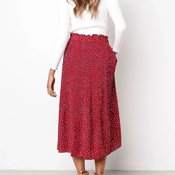 Elegant Red Polka Dot Pleated A-Line Midi Skirt