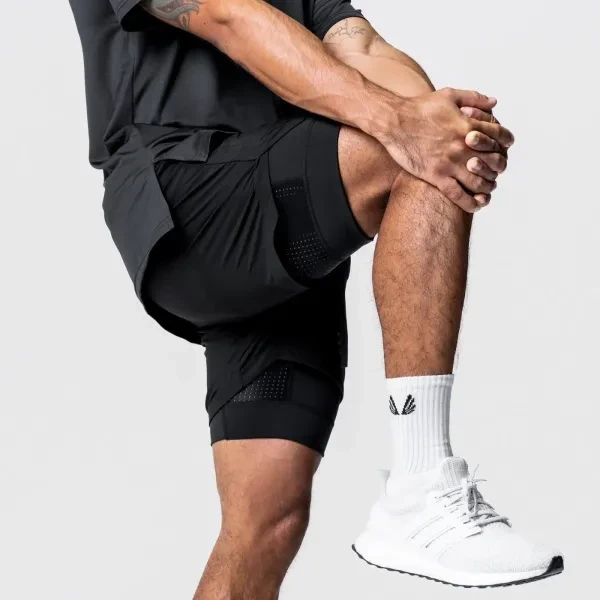 Men Quick Drying Breathable Fitness Black Running Shorts Pockets Double Layer Ny